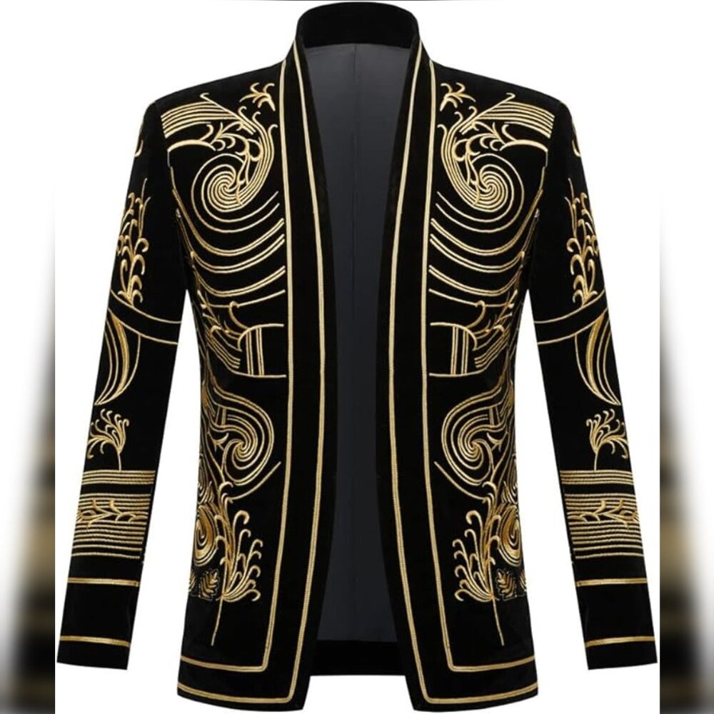 NEW Men's Court Prince Black Velvet Gold Embroidery Blazer Suit Jacket SZ S